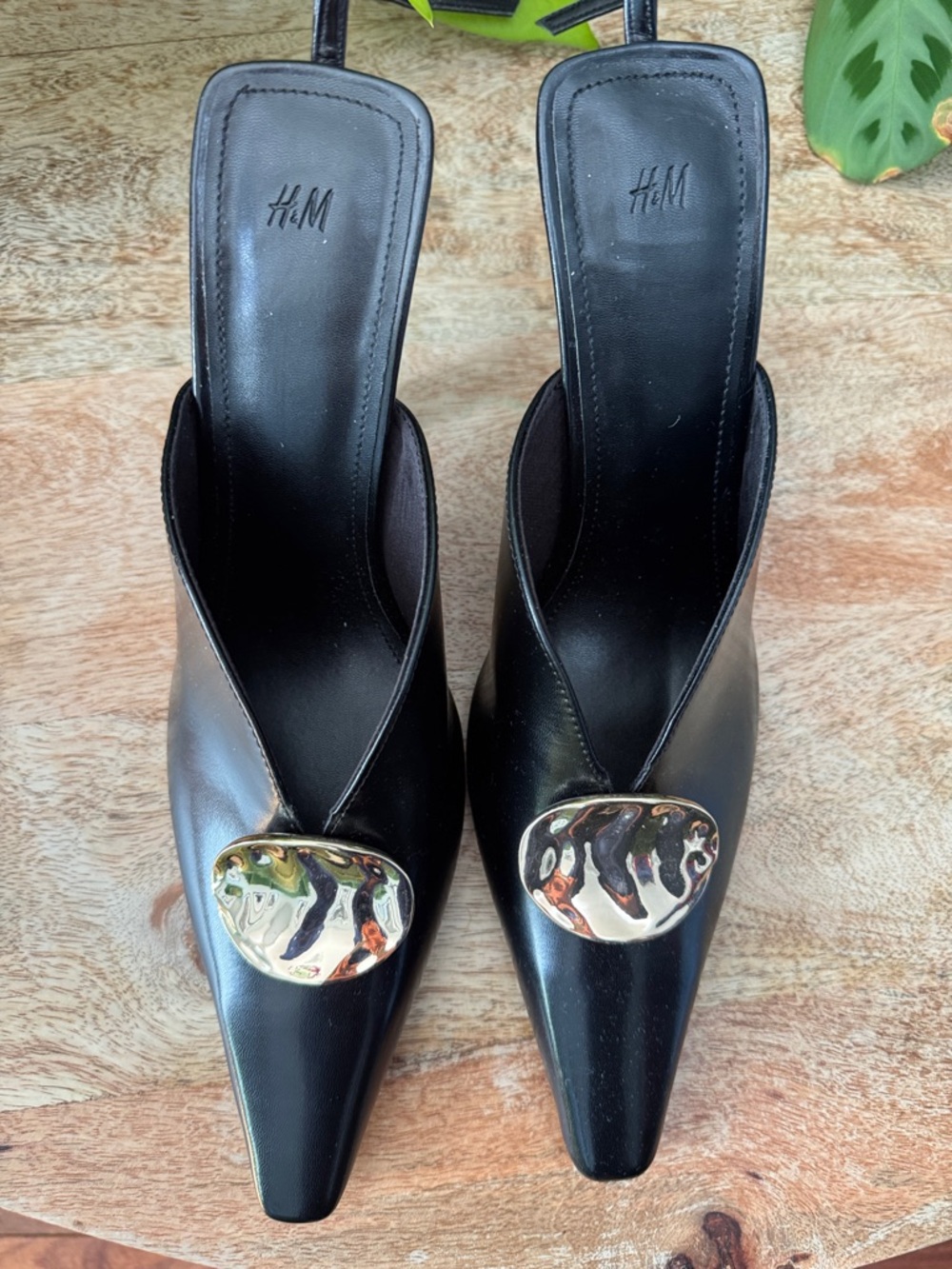 H&M Black Pointed Slingback Mules with Gold Disc Accent